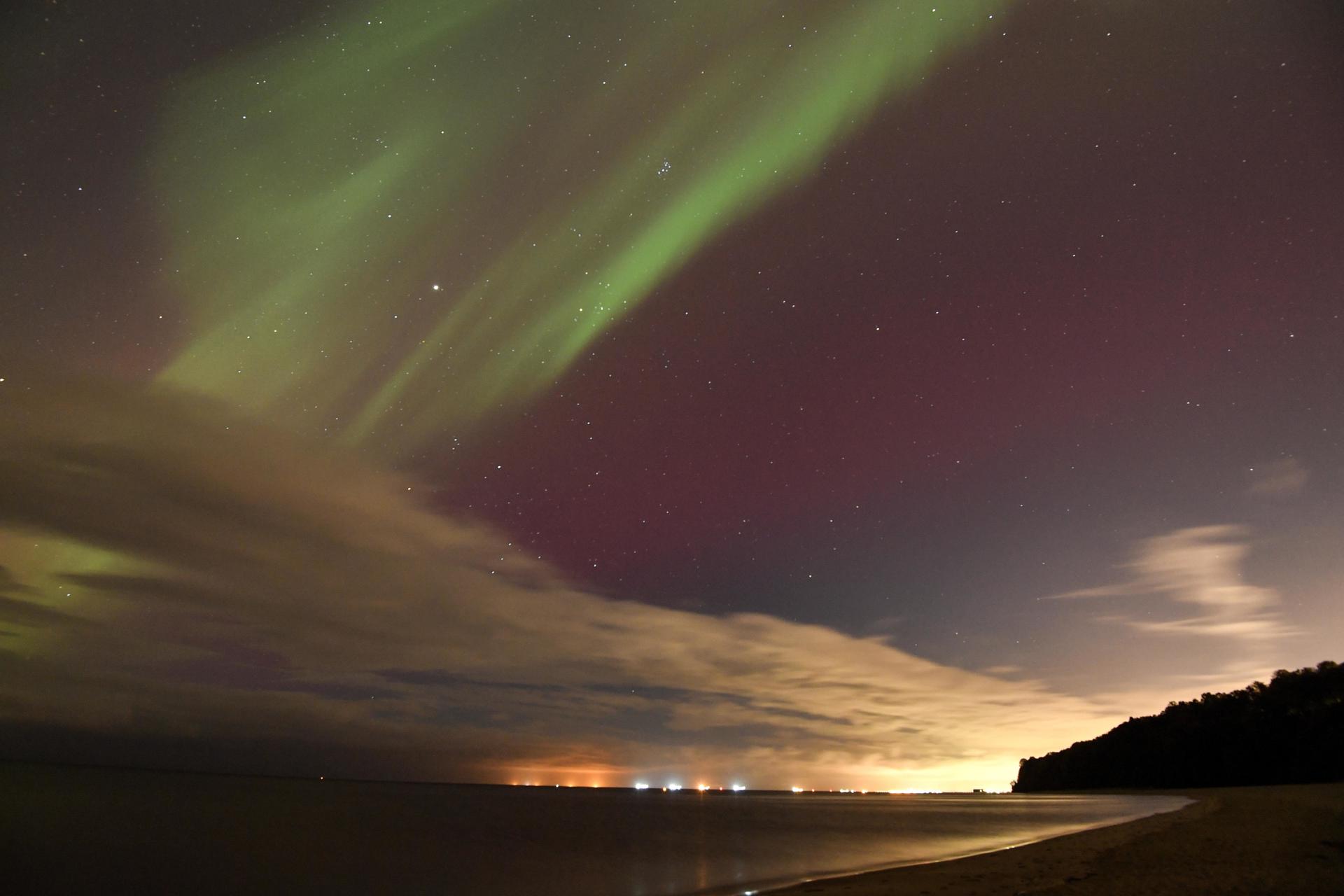 Northern lights visible over the Baltic Sea in Gdynia